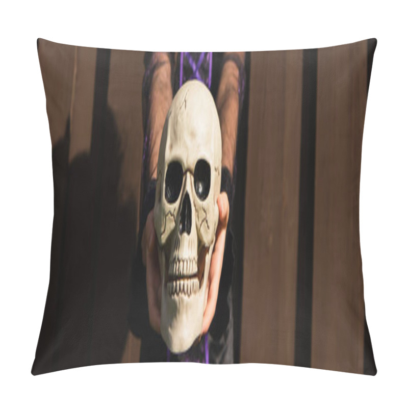 Personality  Cropped View Of Girl Holding Spooky Halloween Skull Outdoors, Banner Pillow Covers