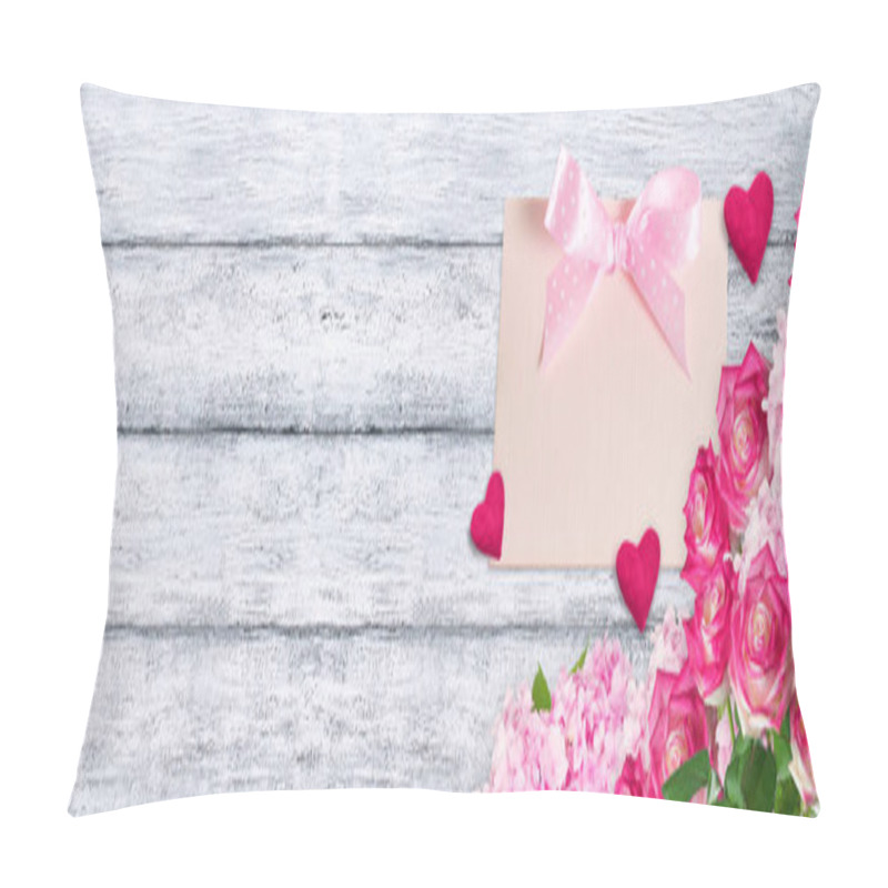 Personality  Pink Roses And Hydrangeas With Hearts And Card On Background Of  Pillow Covers