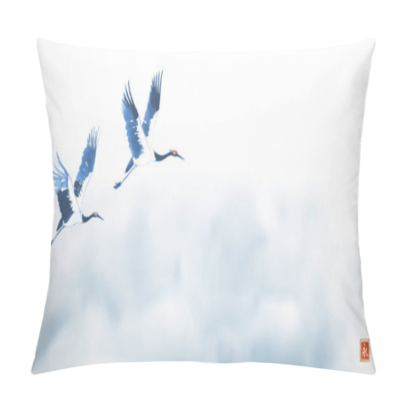 Personality  Ink Wash Painting With Blue Cranes Flying In Mist. Traditional Oriental Ink Painting Sumi-e, U-sin, Go-hua. Hieroglyph - Eternity. Pillow Covers