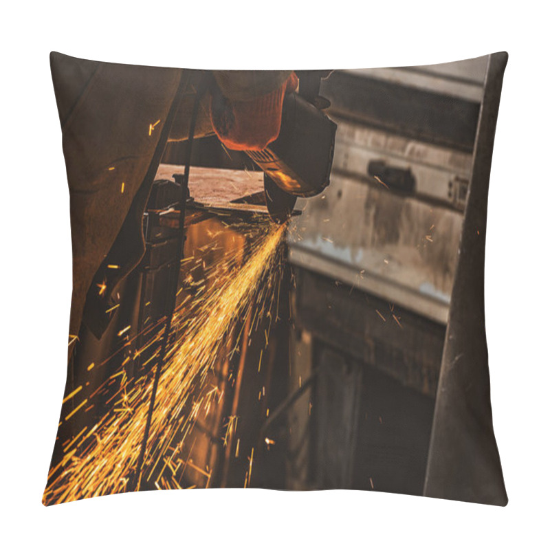 Personality  Partial View Of Worker Using Circular Saw With Sparkles At Factory Pillow Covers