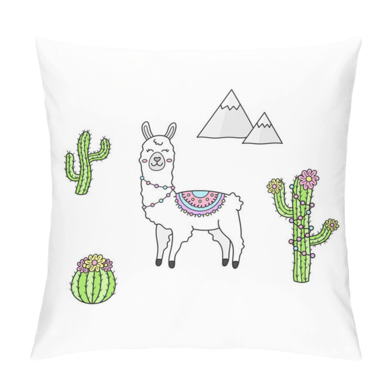 Personality  Hand Drawn Llama Collection. White Llama Or Alpaca With Patterned Fringed Blanket. Cute Outlined Vector Illustrations Of Llama Animal, Cactus Plants And Mountains. Isolated. Pillow Covers