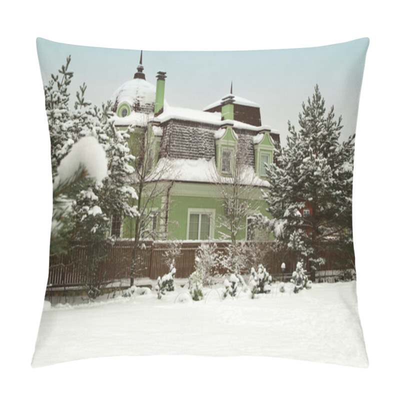 Personality  Country House. Landscape With Snowbanks Of White Snow And Pine Trees In Country Garden. Country Life Concept Pillow Covers