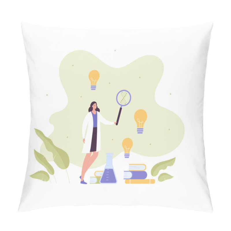 Personality  Genetic Medical Discovery Concept. Vector Flat Character Illustration. Dna Helix Biotechnology And Idea Lightbulb Symbol. Female Doctor With Magnifier Glass. Woman Scientist And Lab Equipment And Book Pillow Covers