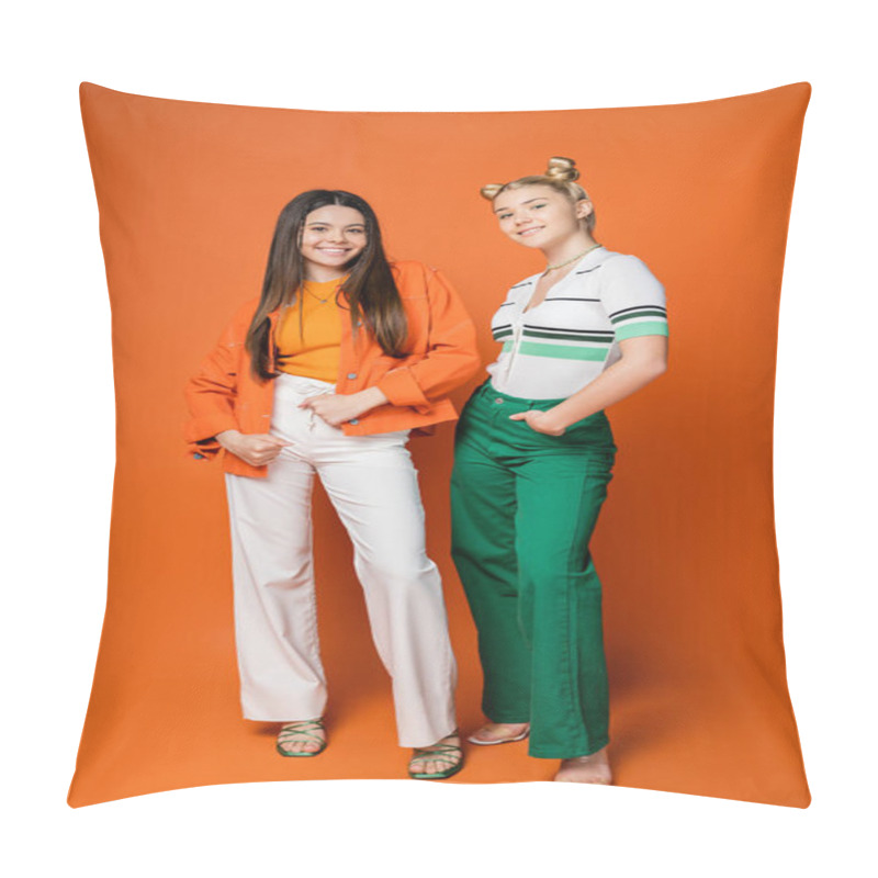 Personality  Full Length Of Cheerful Blonde And Brunette Teenage Models In Trendy Outfits Posing And Looking At Camera On Orange Background, Fashionable Girls With Sense Of Style, Friendship And Bonding Pillow Covers