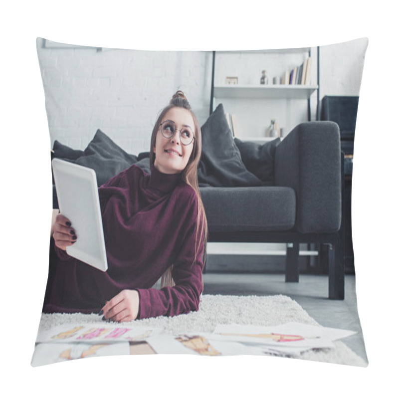 Personality  Smiling Designer In Glasses Lying On Carpet And Holding Digital Tablet At Home Pillow Covers