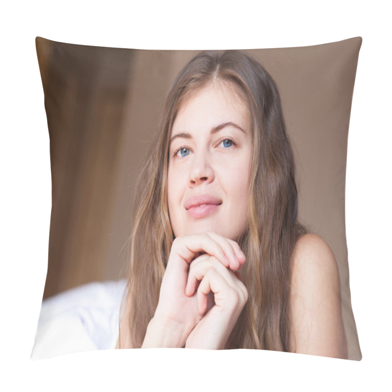 Personality  Beautiful Sleepy Young Long Haired Woman Waking Up In The Morning And Smiling Sitting On Bed At Home Pillow Covers