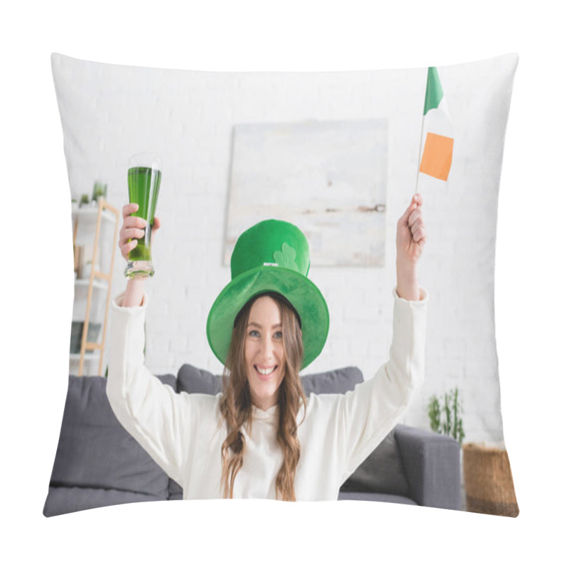 Personality  Cheerful Young Woman In Green Hat Holding Irish Flag And Beer At Home  Pillow Covers