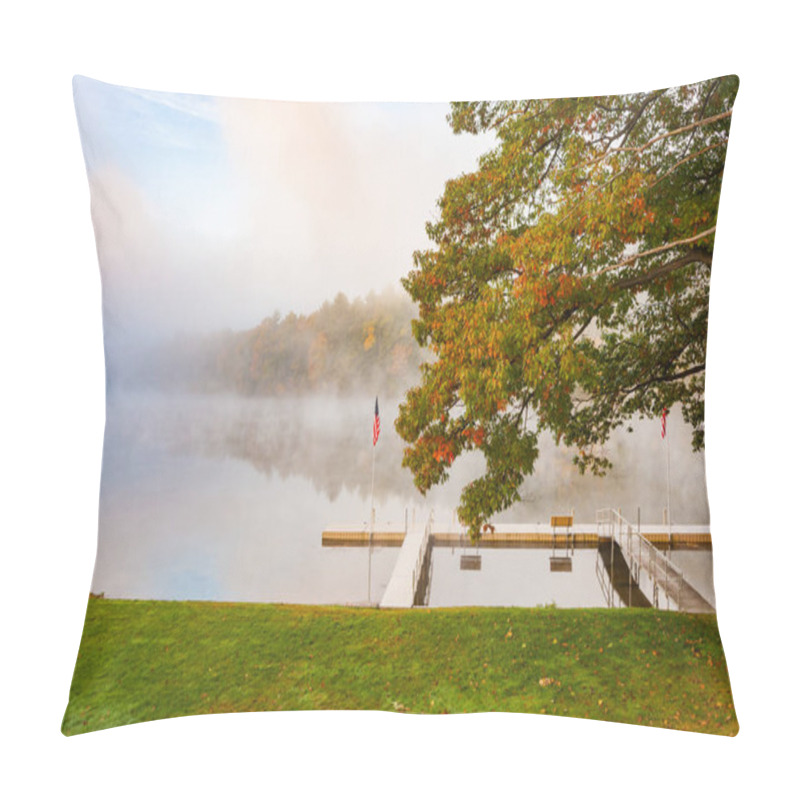 Personality  Scenic River Edge And T-shaped Pier Under Oak Tree Early Morning Fog Just Above The Water Level Of Connecticut River With Colorful Fall Foliage Along Both Sides Converging Into Distance. Pillow Covers