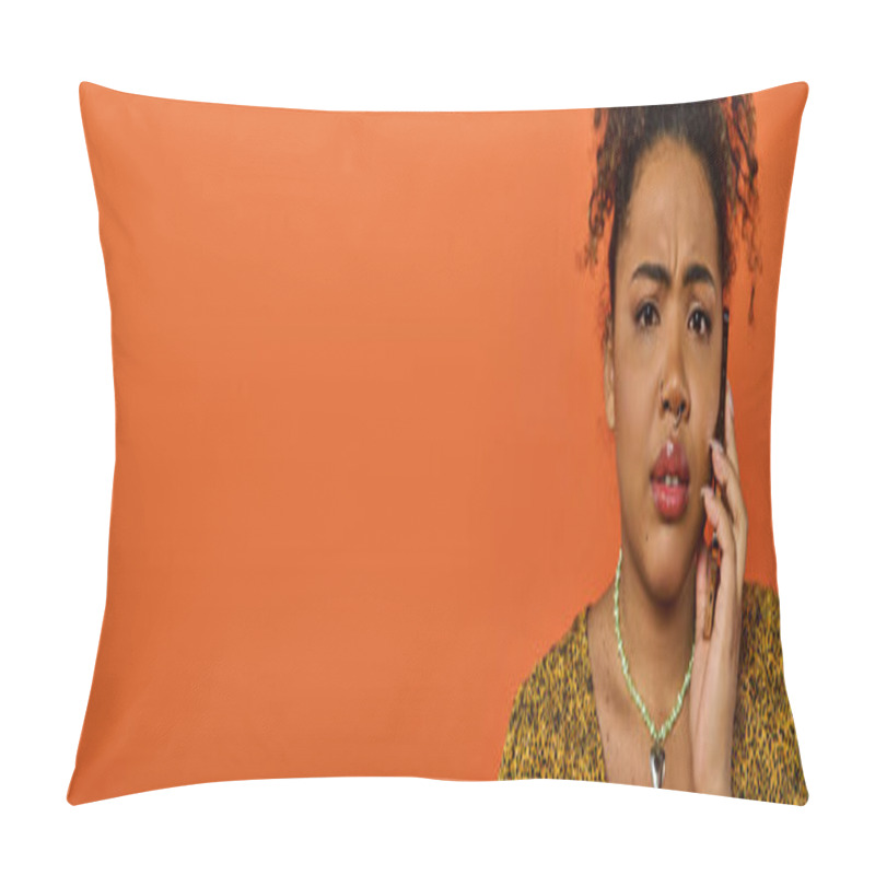 Personality  An African American Woman In Stylish Attire Looks Surprised. Pillow Covers