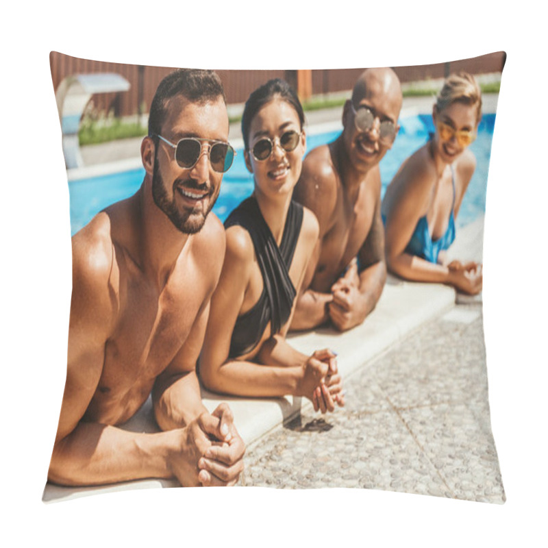 Personality  Multiethnic Friends In Swimsuits And Sunglasses Resting In Swimming Pool Pillow Covers