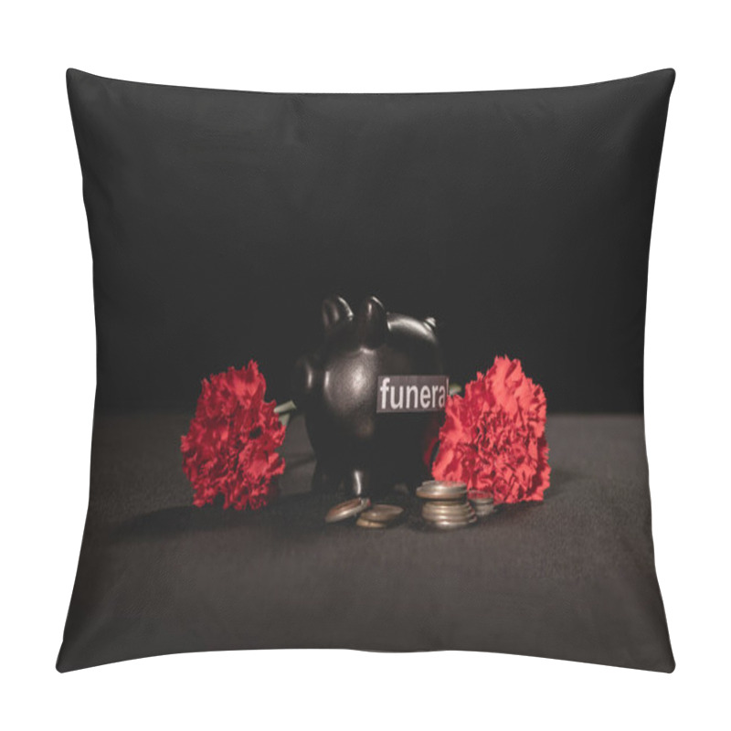 Personality  Red Carnation Flowers And Piggy Bank With Coins On Black Background, Funeral Concept Pillow Covers