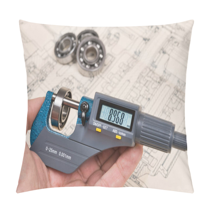 Personality  Ball Bearings Measurement. Micrometer Screw Gauge In Human Hand Pillow Covers