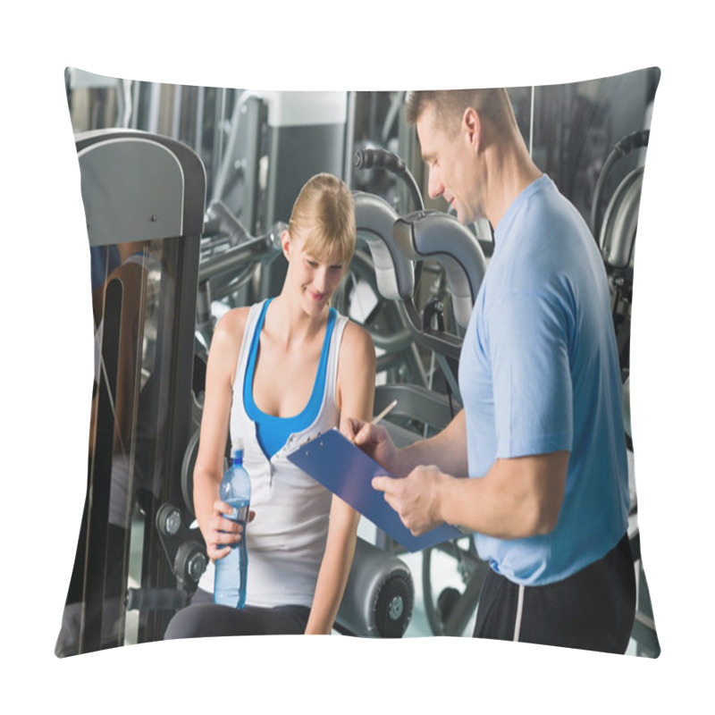 Personality  Completing Personal Fitness Plan With Trainer Pillow Covers