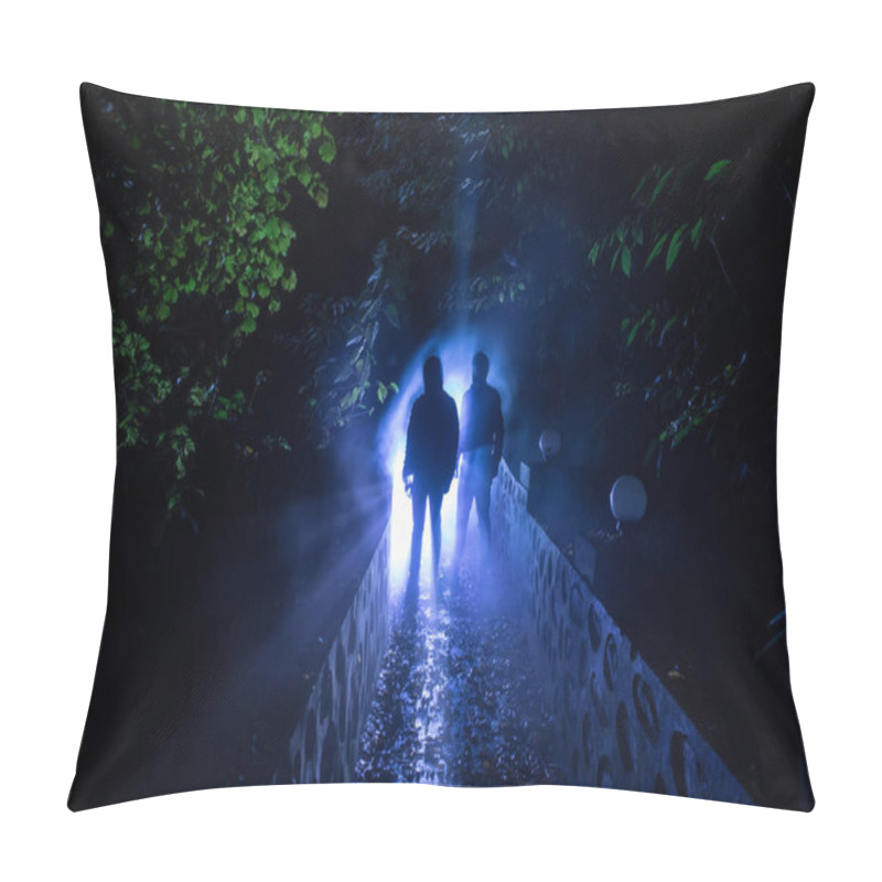 Personality  Silhouette Of Person Standing In The Dark Forest With Light. Horror Halloween Concept. Strange Silhouette In A Dark Spooky Forest At Night Pillow Covers