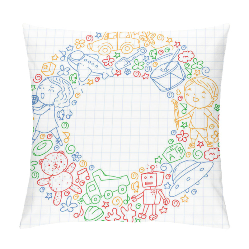 Personality  Painted By Hand Style Pattern On The Theme Of Childhood. Vector Illustration For Children Design. Drawing By Colorful Pen On Squared Notebook. Pillow Covers