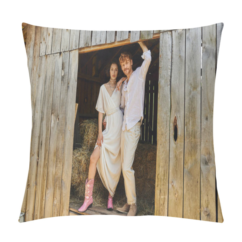 Personality  Stylish Newlyweds, Pretty Asian Bride In Cowboy Boots And White Dress Standing With Groom In Barn Pillow Covers