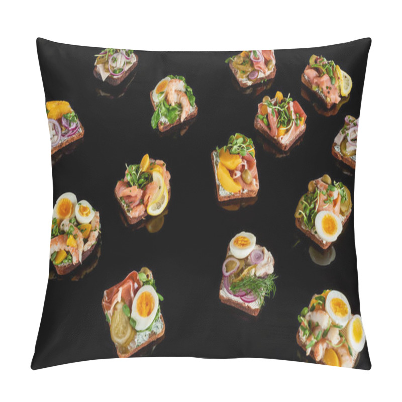 Personality  Rye Bread With Tasty Danish Smorrebrod Sandwiches On Black  Pillow Covers