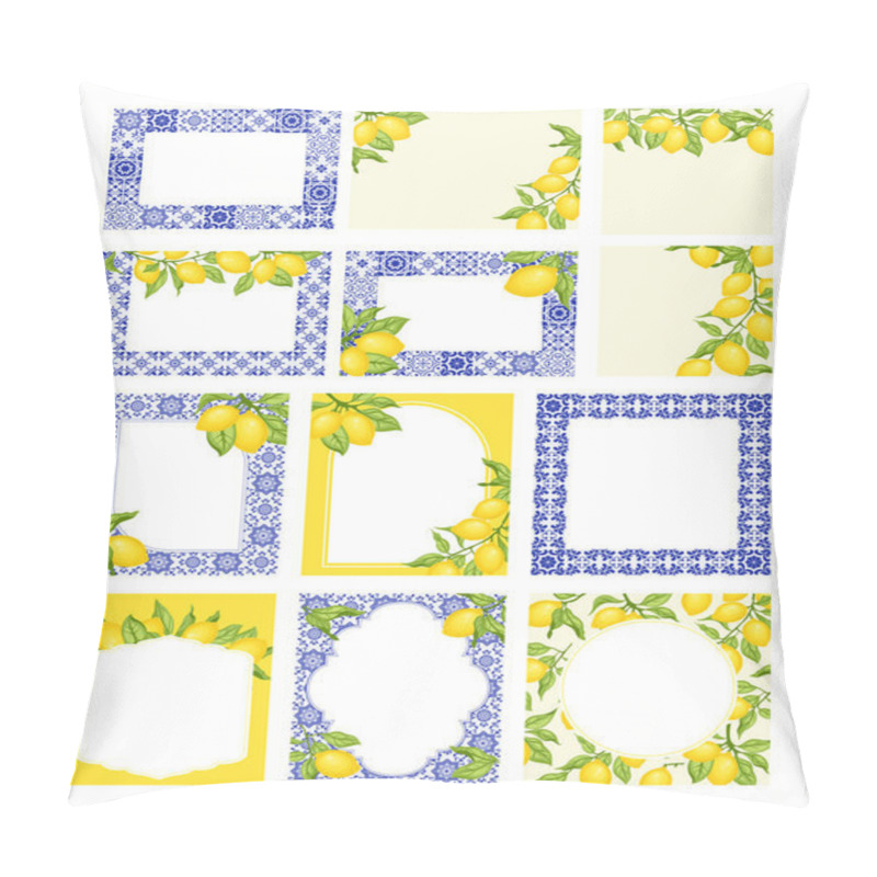 Personality  Collection Of Frames With Blue And White Tiles And Lemon Branches With Green Leaves. Traditional Mediterranean Style, Floral Frames, Invitation, Party, Wedding Road Signs. Vector Illustration. Pillow Covers