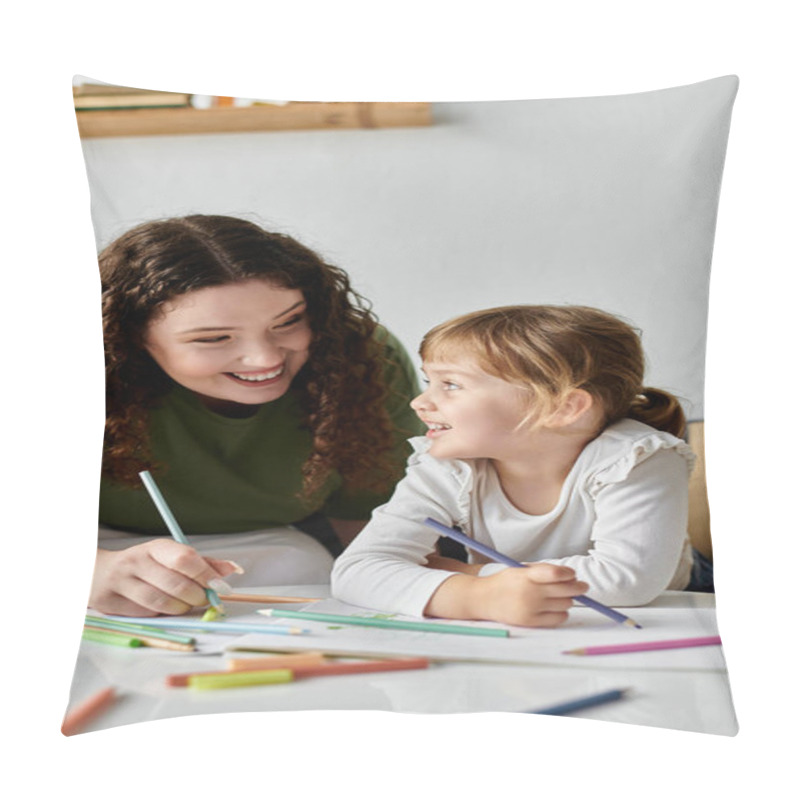 Personality  A Loving Moment Captured As A Mother And Daughter Enjoy Drawing Together With Vibrant Colors. Pillow Covers