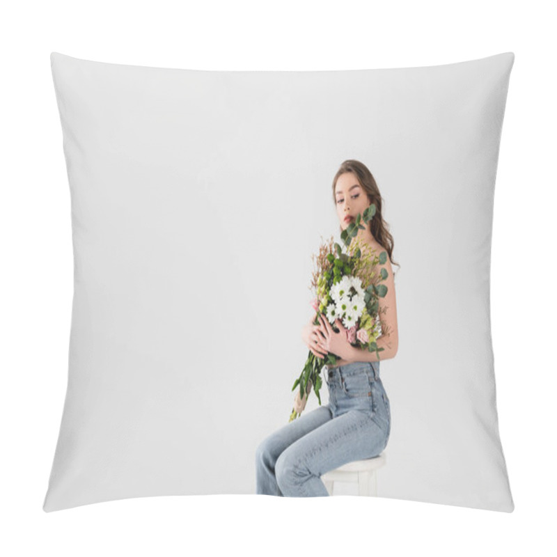 Personality  Shirtless Model Holding Flowers On Chair Isolated On Grey With Copy Space  Pillow Covers