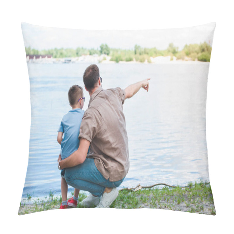 Personality  Back View Of Father Pointing On Something At River To Son At Park Pillow Covers