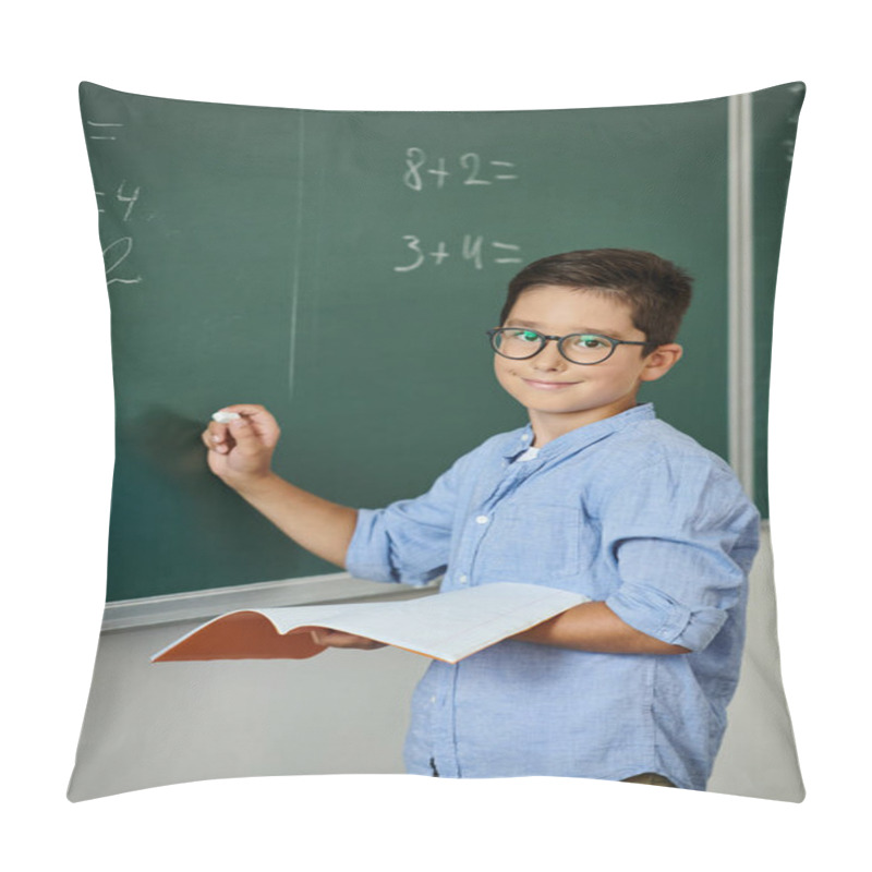 Personality  A Young Boy Stands Confidently In Front Of A Blackboard, Engaged In Learning In A Vibrant Classroom. Pillow Covers