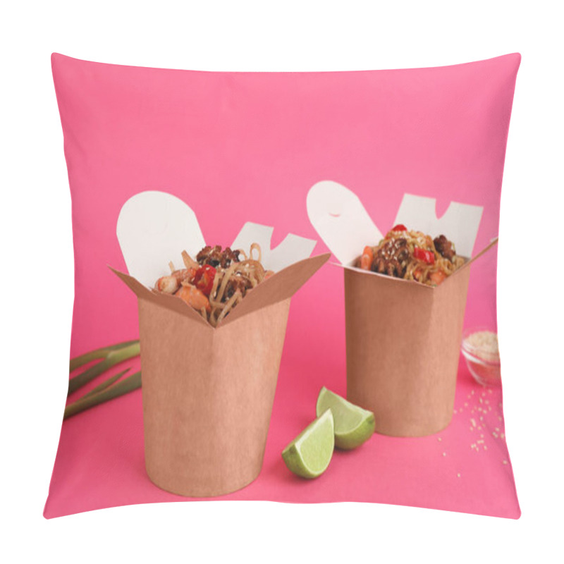 Personality  Boxes Of Wok Noodles With Seafood On Pink Background Pillow Covers