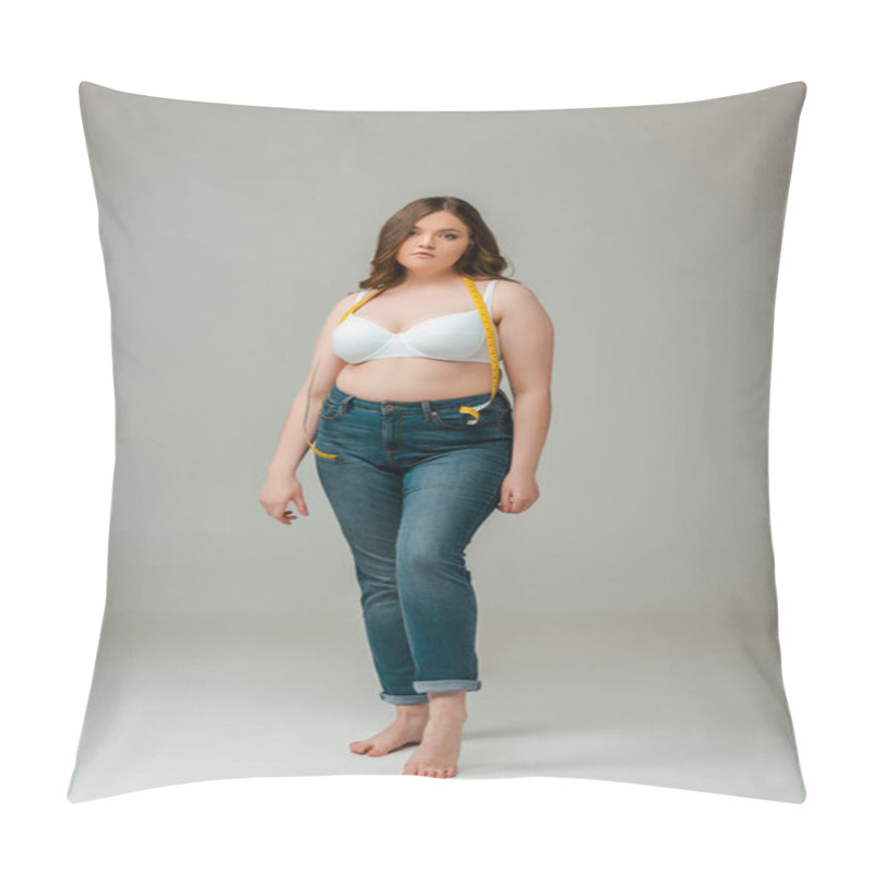 Personality  Upset Plus Size Woman In Jeans And Bra Standing On Grey Pillow Covers