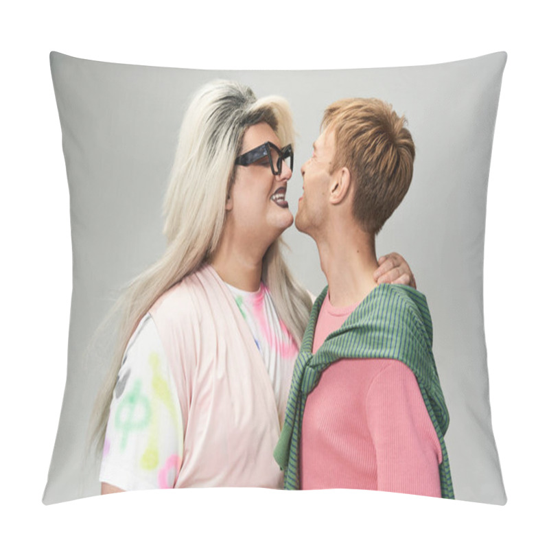 Personality  Two Individuals Share An Intimate Moment, Expressing Joy And Authenticity In Their Vibrant Styles. Pillow Covers