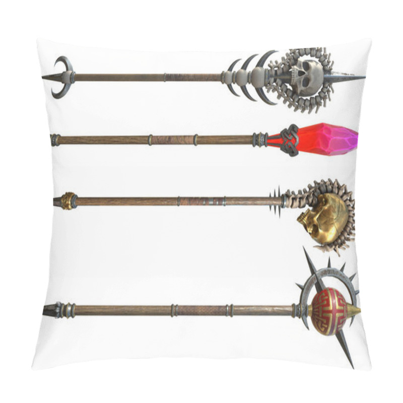 Personality  Staff With Wooden With Metal Inserts On An Isolated White Background. 3d Illustration Pillow Covers