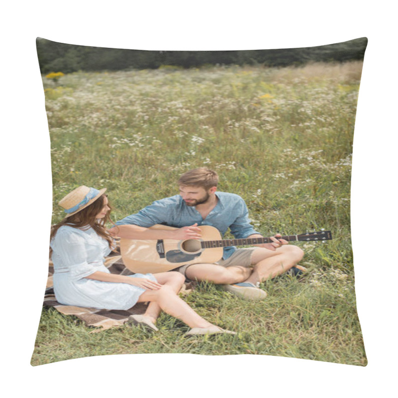 Personality  Man Playing Acoustic Guitar To Girlfriend In Summer Filed Pillow Covers