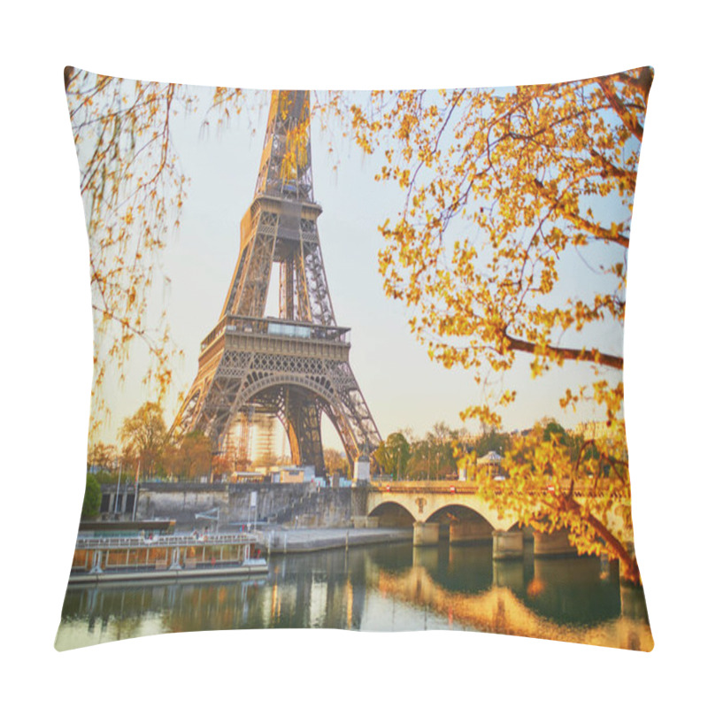 Personality  Scenic View Of The Eiffel Tower And Iena Bridge Over The Seine With Tree Branches With First Leaves At Early Morning. Spring In Paris, France Pillow Covers