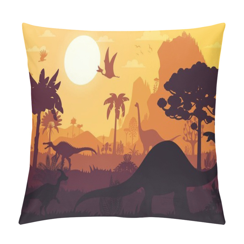 Personality  Prehistoric Era Dinosaurs Silhouettes Of Jurassic Jungle Forest With Sunset, Vector Landscape Background. Cartoon Prehistoric Dinosaurs, Lizards And Birds Silhouettes In Jurassic Era Park With Sun Pillow Covers