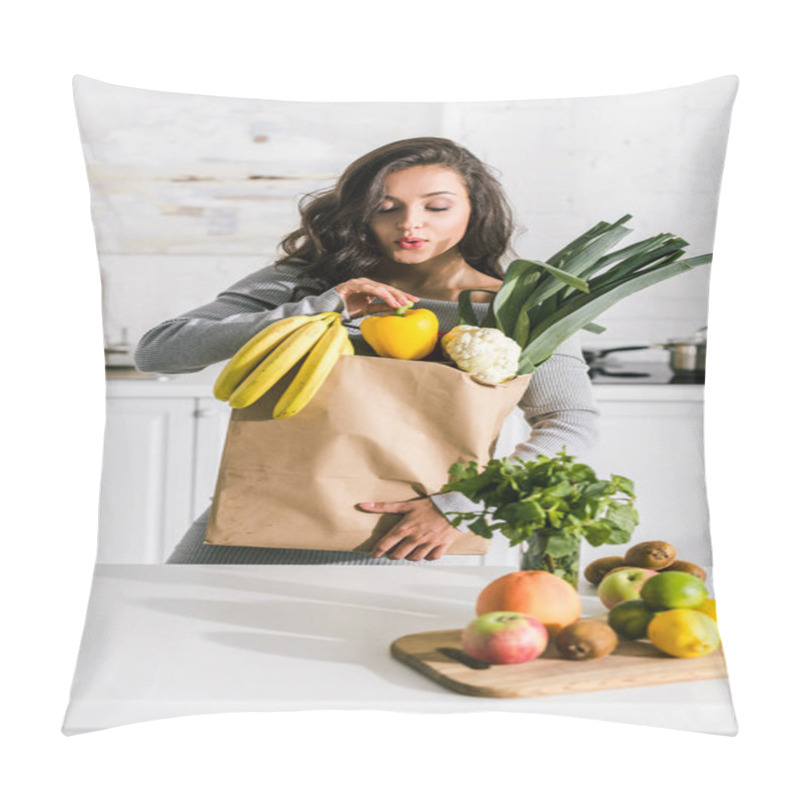 Personality  Pretty Woman Standing Near Paper Bag With Tasty Food  Pillow Covers