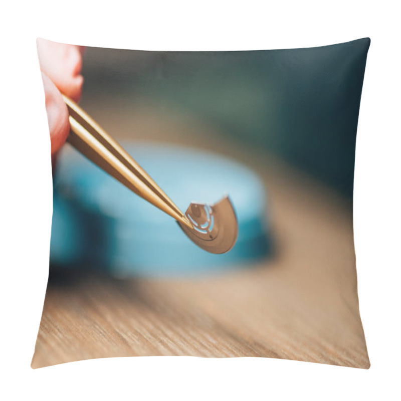 Personality  Cropped View Of Clockmaker Holding In Tweezers Watch Part At Table Pillow Covers