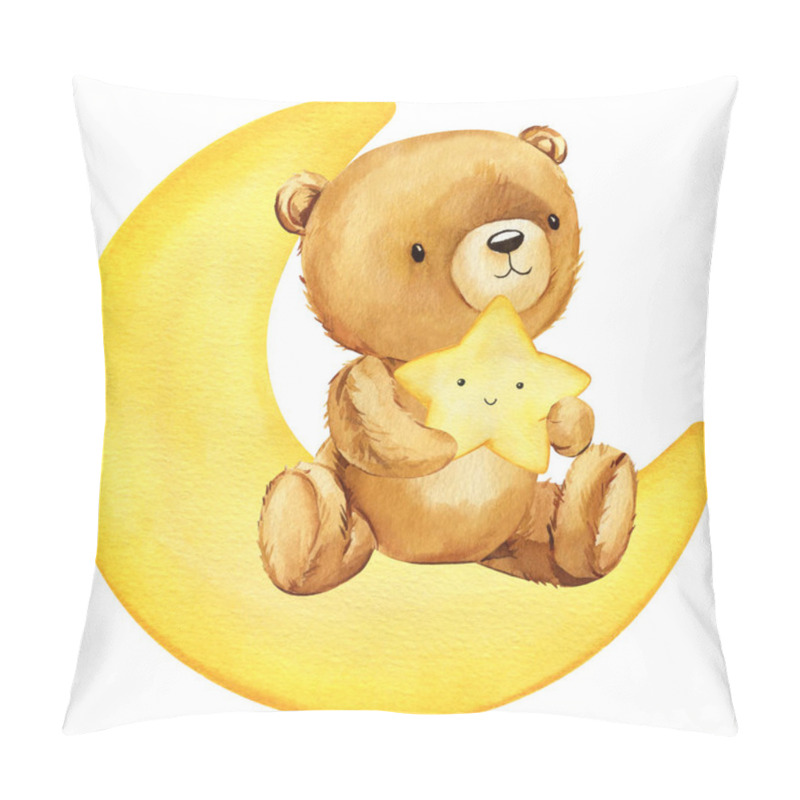 Personality  Teddy Bear Sits On The Moon And Hugs A Cheerful Star, Watercolor Hand-painted Illustration On Isolated White Background. High Quality Illustration Pillow Covers