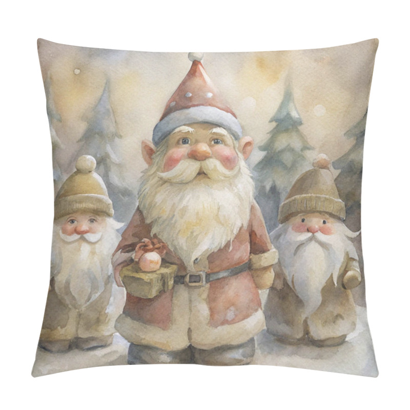 Personality  A Delightful Trio Of Santa Claus Figurines Posed In A Winter Forest Backdrop, Showcasing Rustic Holiday Charm With Rosy Cheeks, Intricate Beards, And Festive Attire, Spreading Seasonal Warmth And Joy. Pillow Covers