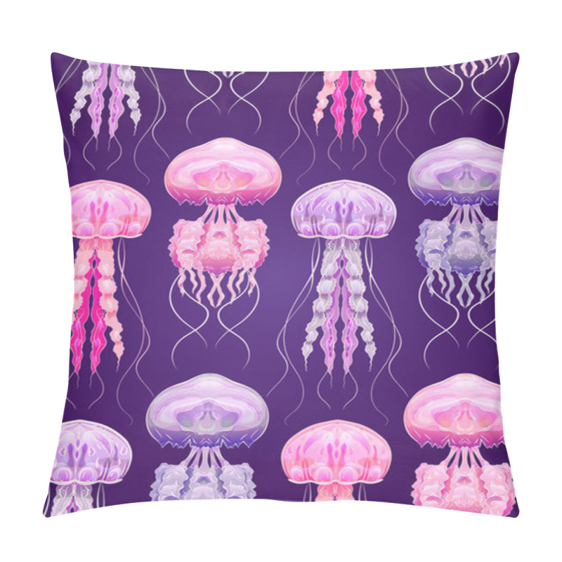 Personality  Neon Cartoon Pattern Fluorescent Jellyfish On A Purple Background. Underwater Sea World. Ocean Dwellers. Vector Texture For Fabrics, Wallpapers And Your Design. Pillow Covers