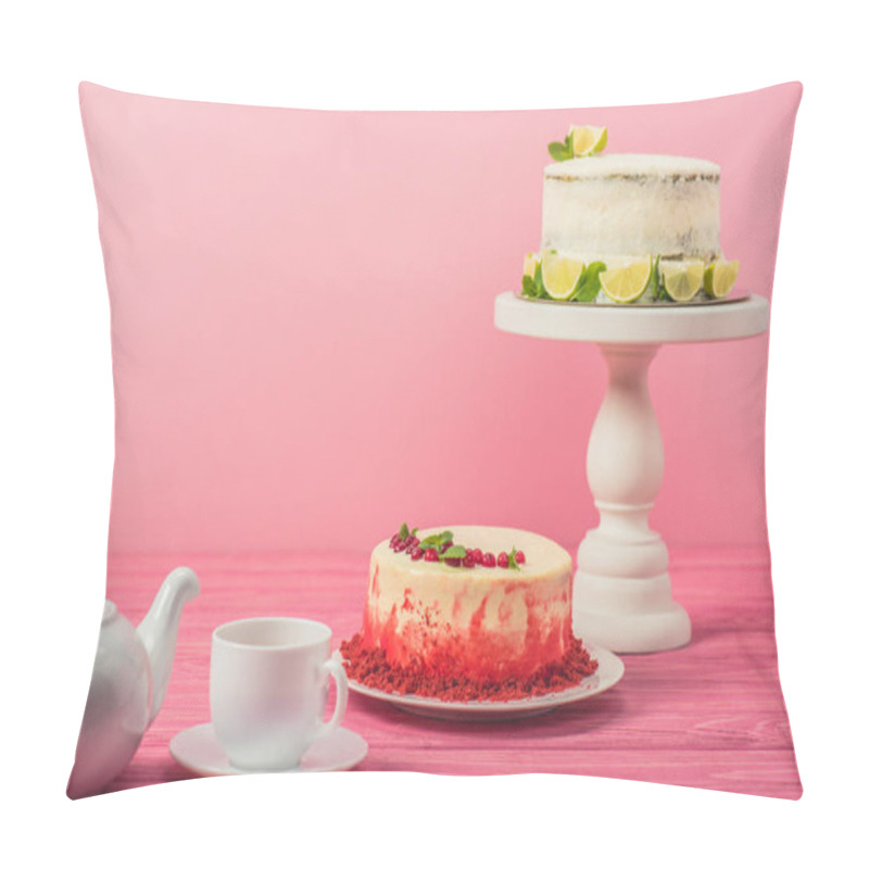 Personality  Cakes Decorated With Currants, Mint Leaves And Lime Slices Near Cup And Tea Pot On Wooden Surface Isolated On Pink Pillow Covers