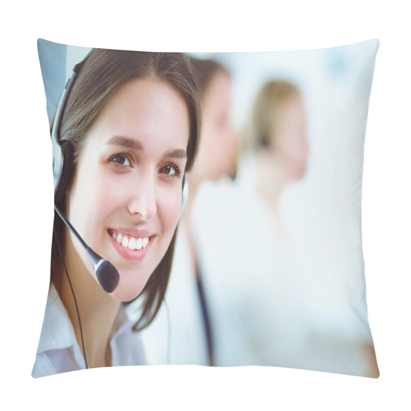 Personality  Smiling Businesswoman Or Helpline Operator With Headset And Computer At Office Pillow Covers