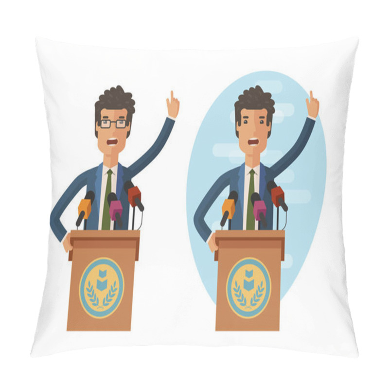 Personality  Public Statement. Orator Speak From Tribune. Vector Flat Illustration Pillow Covers