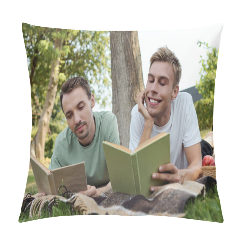 Personality  A Couple Lies On A Blanket, Absorbed In Their Books, Surrounded By Lush Greenery And Sunshine. Pillow Covers