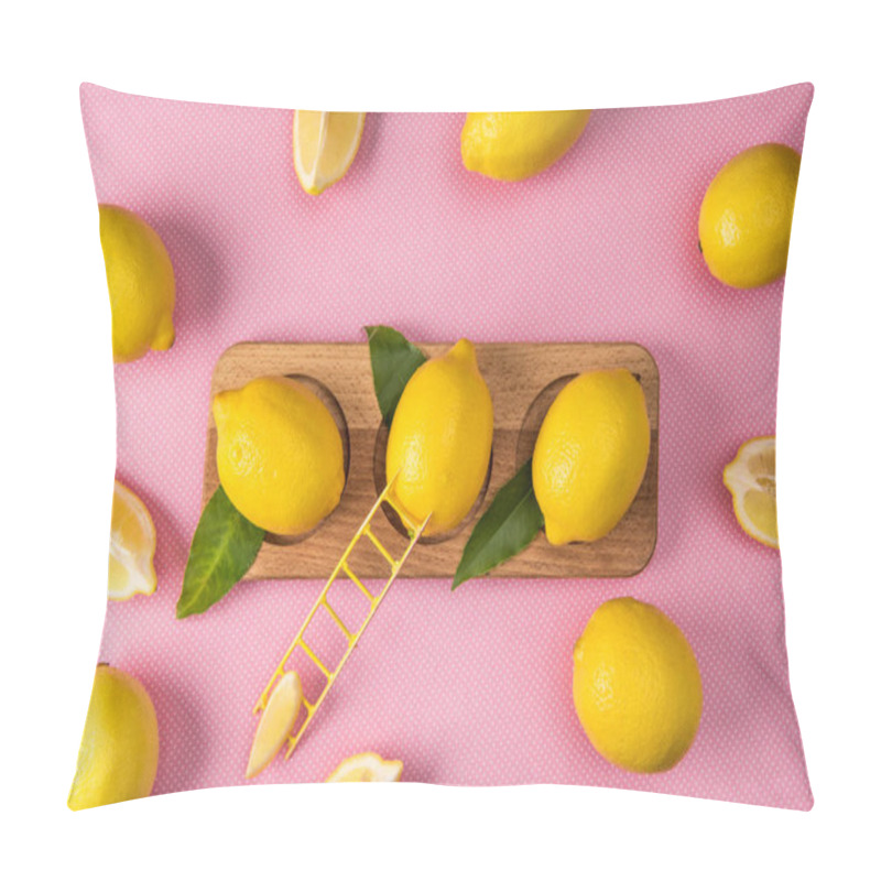 Personality  Top View Of Fresh Yellow Lemons On Wooden Board With Little Ladder On Pink Background  Pillow Covers