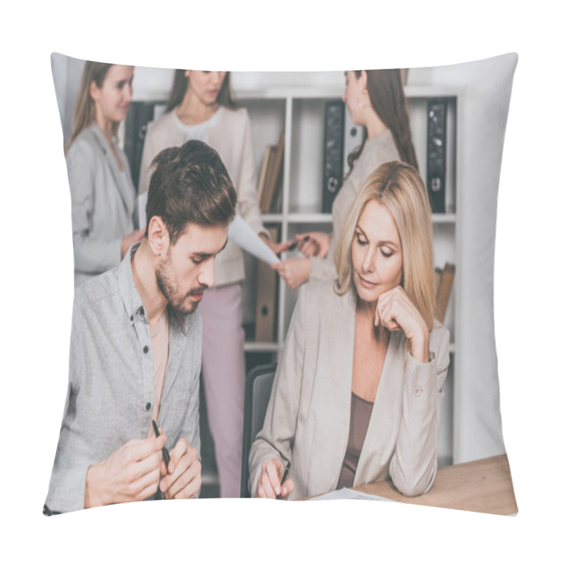 Personality  Professional Mentor Working With Young Businessman, Businesswomen Standing Behind In Office Pillow Covers