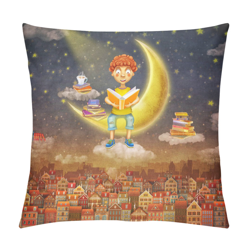 Personality  Illustration Of  Little  Young Ginger Boy   Reading A Book   On Moon   ,background Of  Cute Houses In Night Sky .Concept Art Pillow Covers