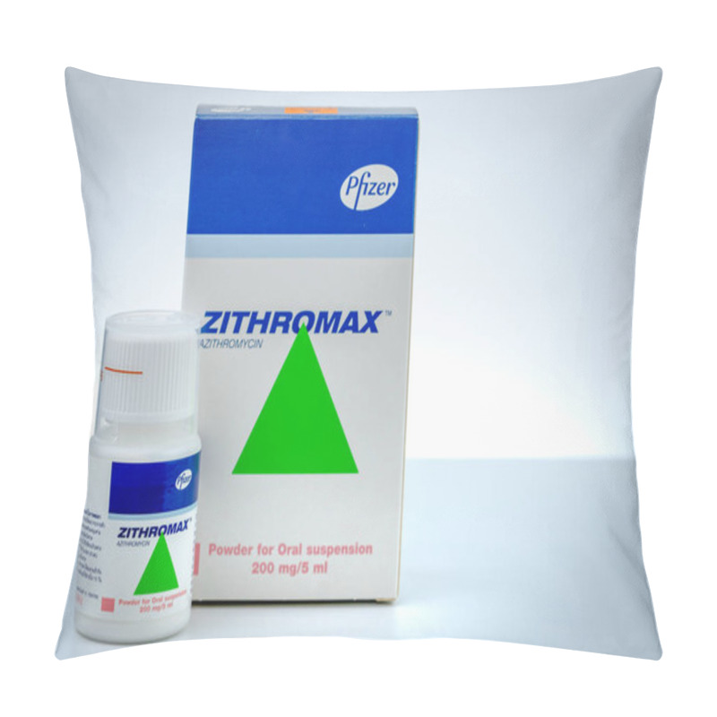 Personality  CHONBURI, THAILAND-AUGUST 3, 2018 : Zithromax Powder For Oral Suspension 200 Mg/5 Ml. Azithromycin Product Of Pfizer. Manufactured By Haupt Pharma Latina, Italy. Oral Antibiotic Drug For Infection.  Pillow Covers