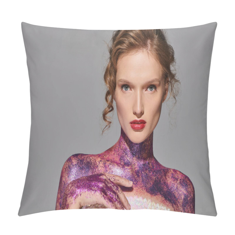 Personality  A Young Woman Exudes Classic Beauty As Her Body Is Painted In Shades Of Purple And White, Striking A Pose In A Studio Setting. Pillow Covers