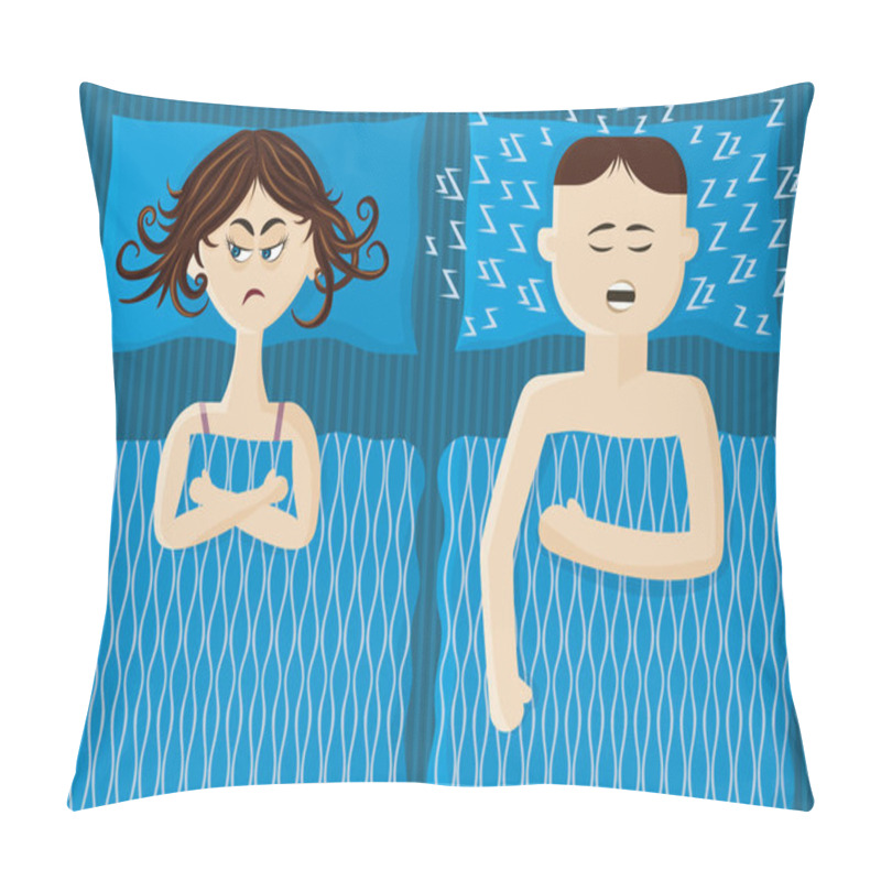 Personality  Man Snores Loudly. Woman Can Not Sleep. Sleep Problems Because Of To Snoring.Illustration Of A Couple In Flat Style.  Pillow Covers