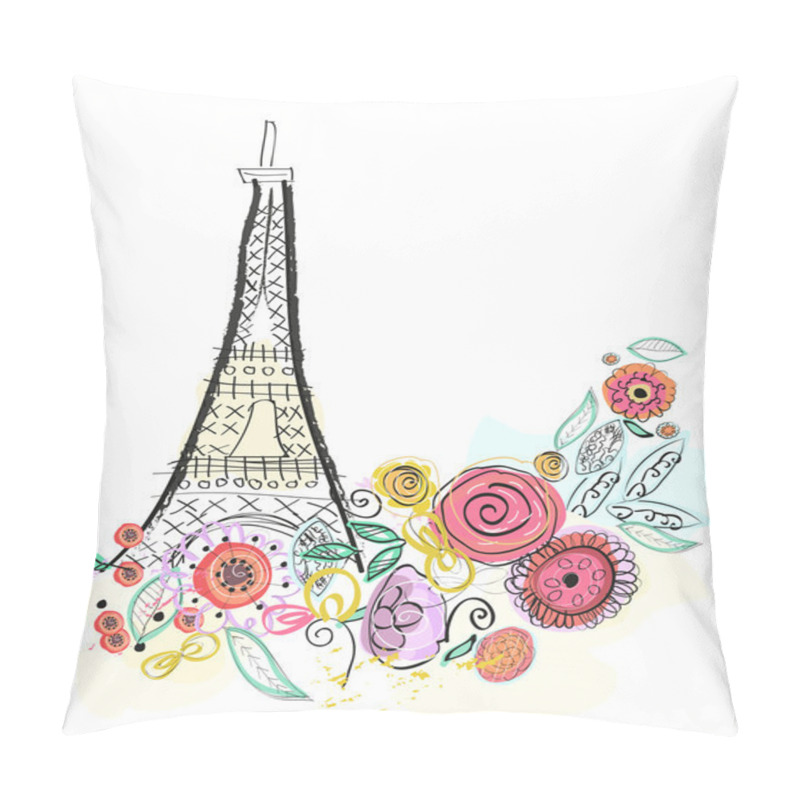 Personality  Eiffel Tower And Summer Flowers Vector Illustration Greeting Card Pillow Covers