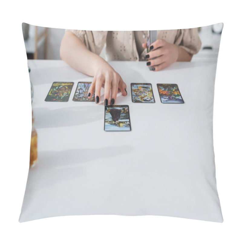 Personality  KYIV, UKRAINE - FEBRUARY 23, 2022: Cropped View Of Fortune Teller Using Tarot Cards Near Witchcraft Supplies At Home  Pillow Covers